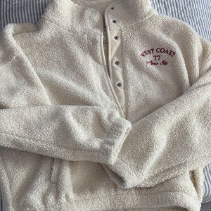 American eagle Cream Sherpa Pullover with Burgundy 'West Coast' Embroidery